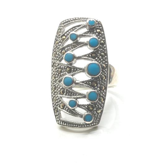 Marcasite and Turquoise Sterling Silver Ring Open
