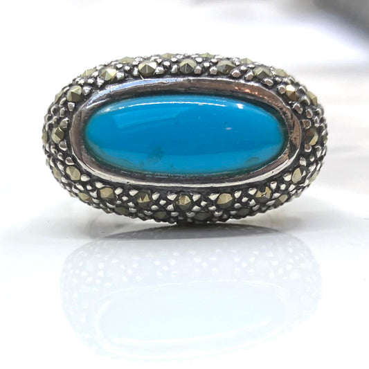 Marcasite and Turquoise Sterling Silver Ring Oval side
