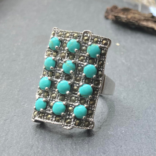 Marcasite and Turquoise Sterling Silver Ring Rectangle 12 Stone