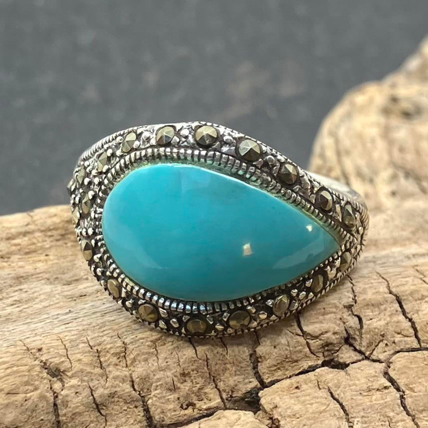 Marcasite and Turquoise Sterling Silver Ring Teardrop