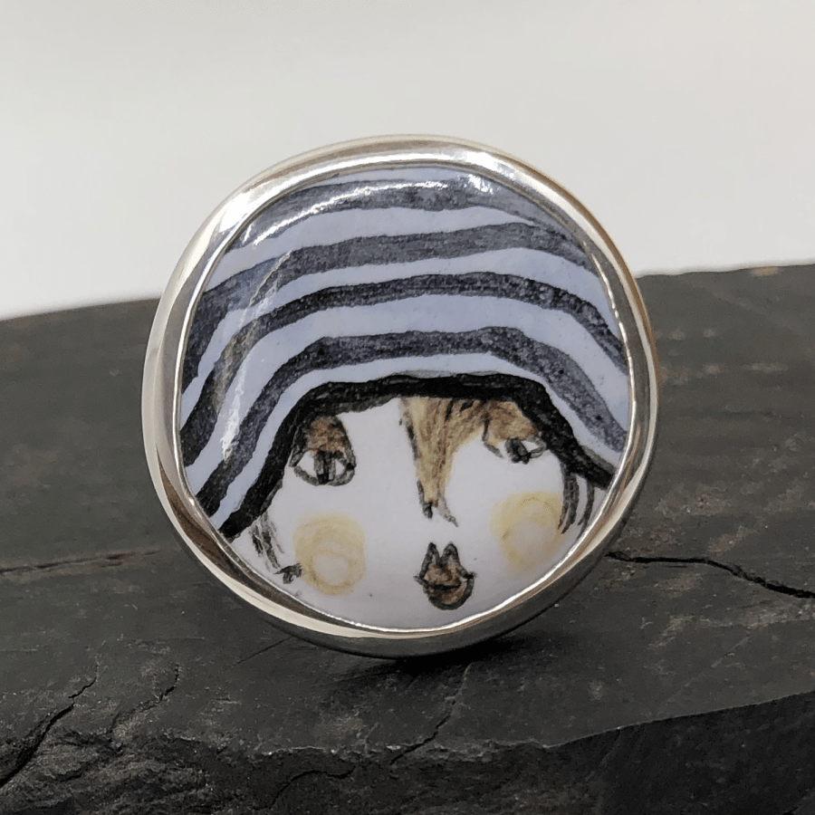 Handmade Ceramic Face in Sterling Silver Ring Jane