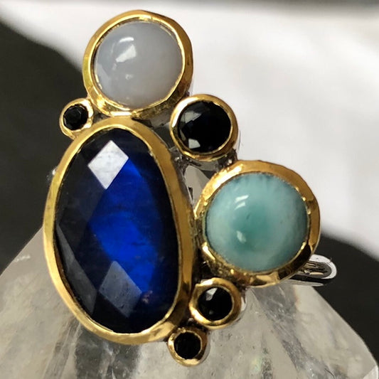 Spectrolite, Larimar, Chalcedony, Sapphire Silver, Rhodium and Gold Ring