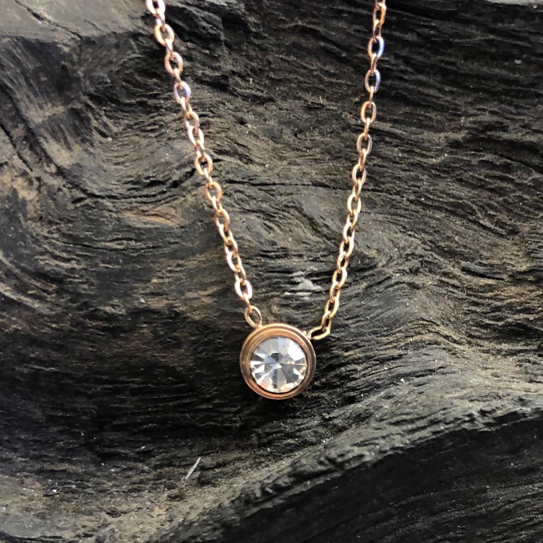 Stainless Steel Necklace Rose Gold Coloured with White CZ Stone