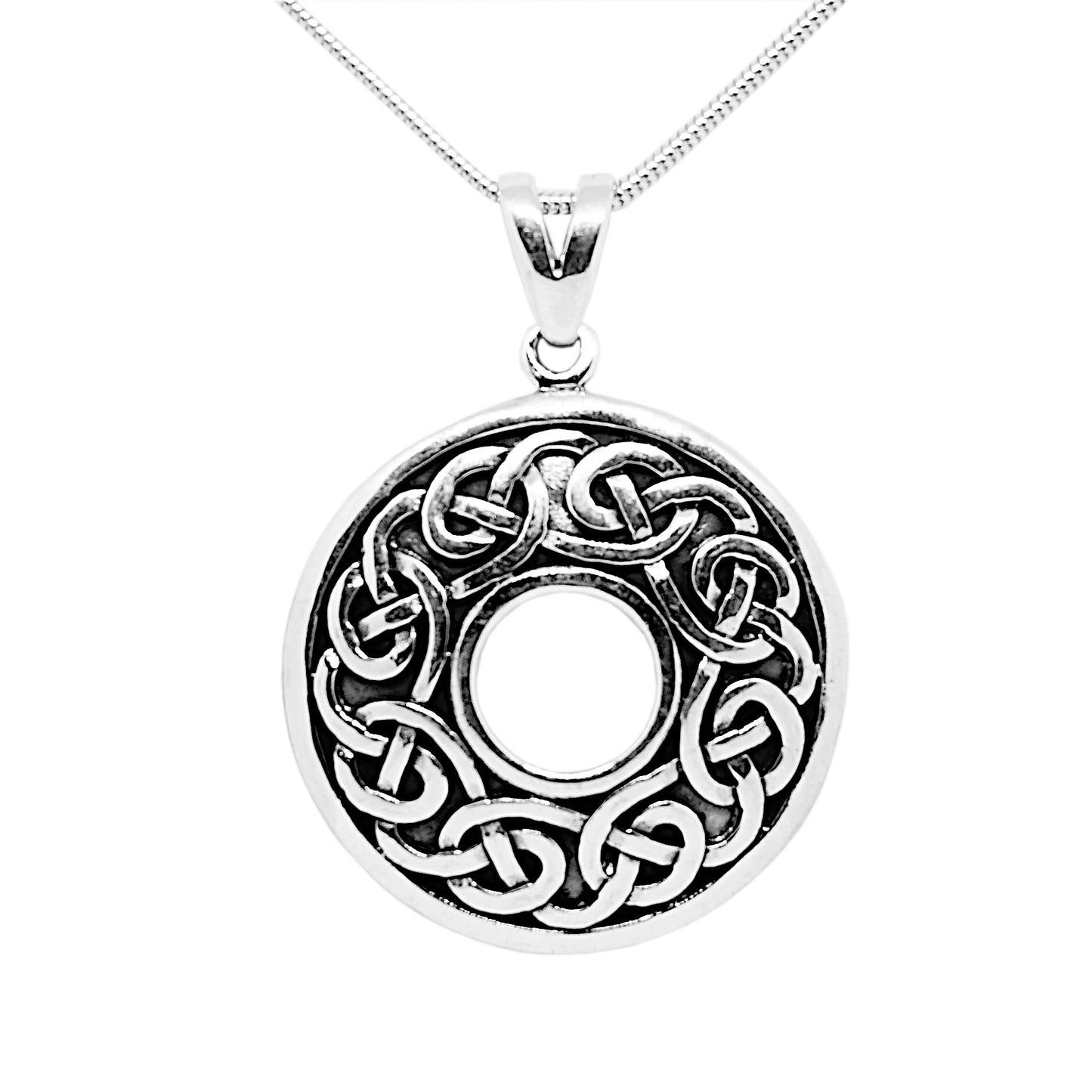 Celtic Knot Circular Pendant in Oxidised Sterling Silver and Chain