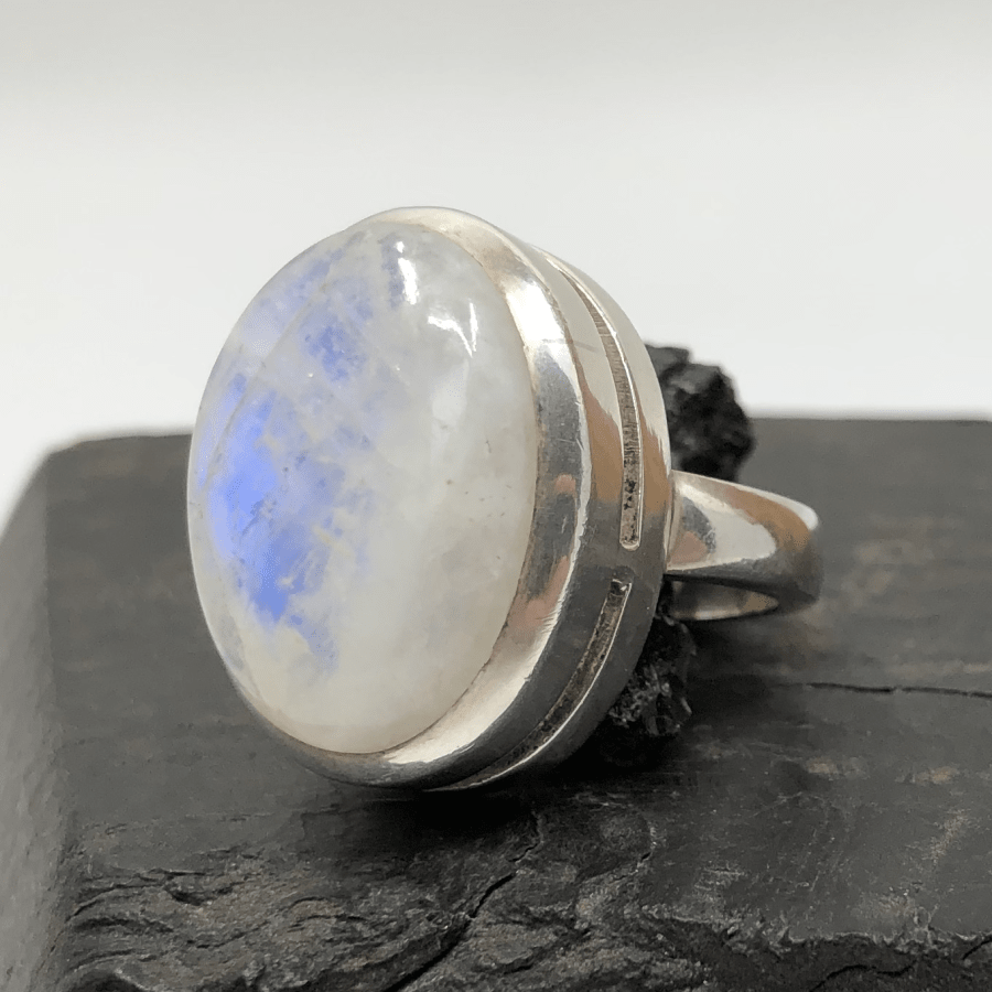 Rainbow Moonstone and Sterling Silver Oval Ring