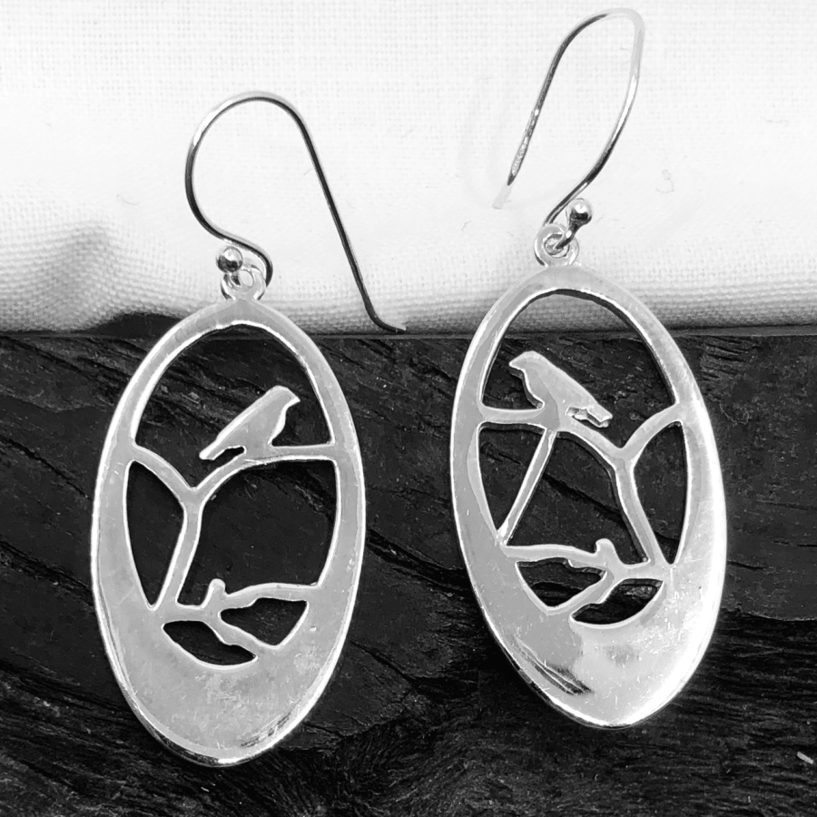 Sterling Silver Oval Earring with Bird on Branch