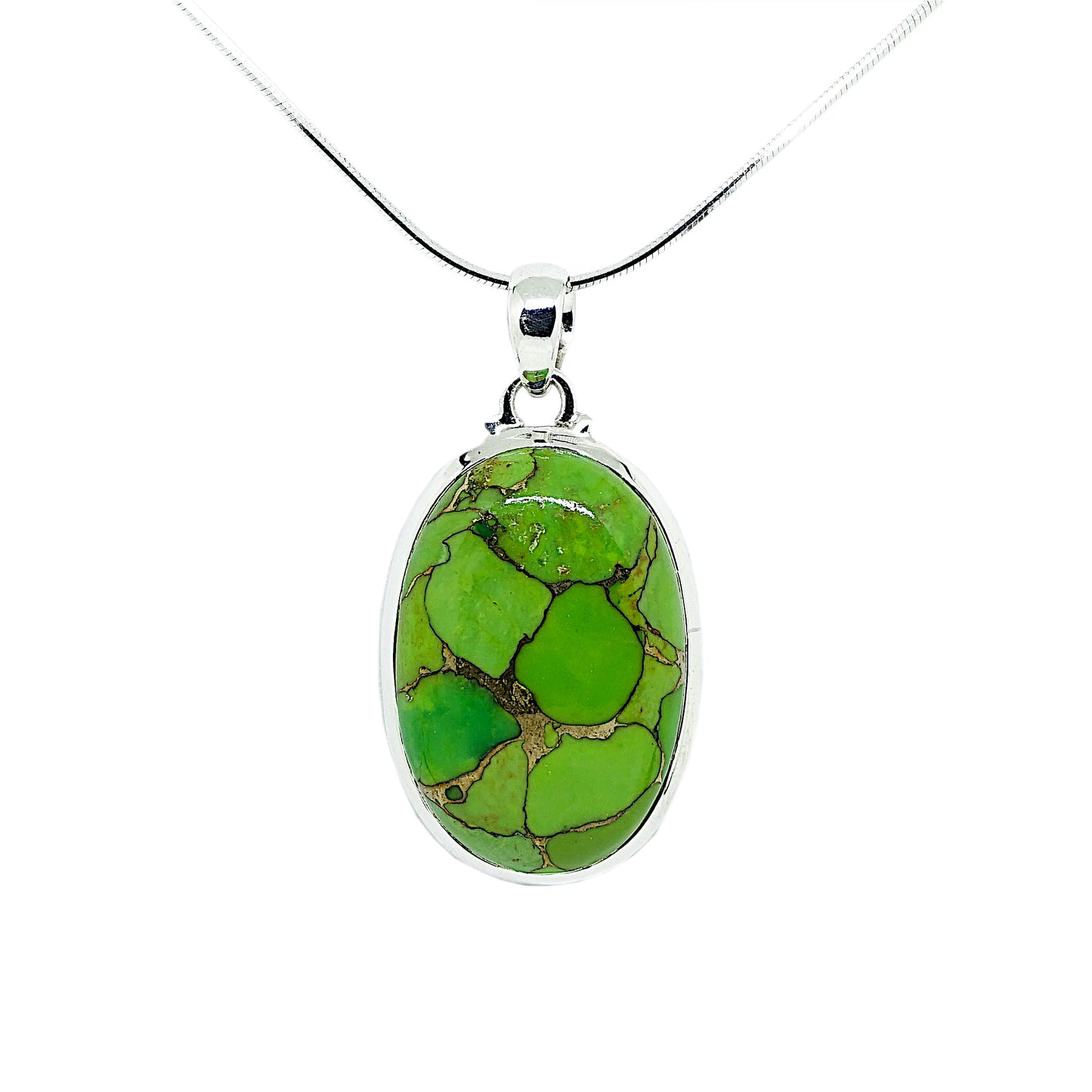 Green Turquoise Sterling Silver Oval Pendant on Silver Chain
