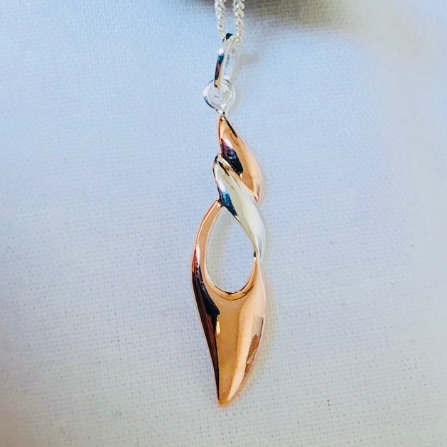 Sterling Silver and Rose Gold Plated Long Twist Pendant and Silver Chain