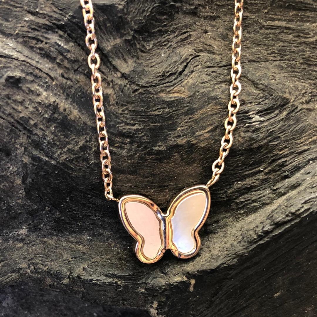 Stainless Steel necklace Rose Gold Coloured with Mother of Pearl Butterfly