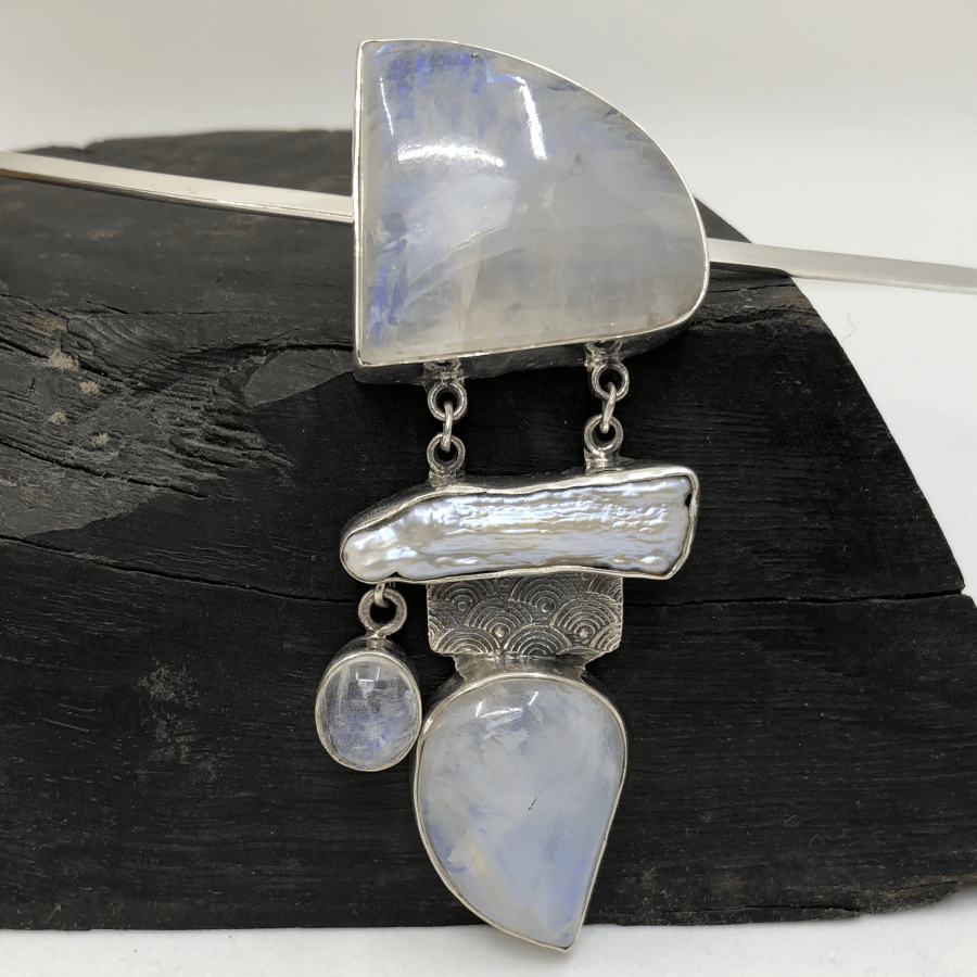 Rainbow Moonstone, Pearl and Sterling Silver Pendant on Silver Torc