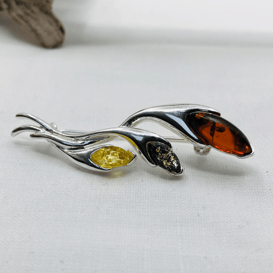 Amber and Sterling Silver 3 Colour Brooch