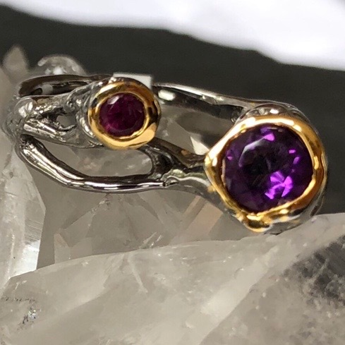 Rhodium and Gold Plated Silver Ring with Amethyst and Rhodolite