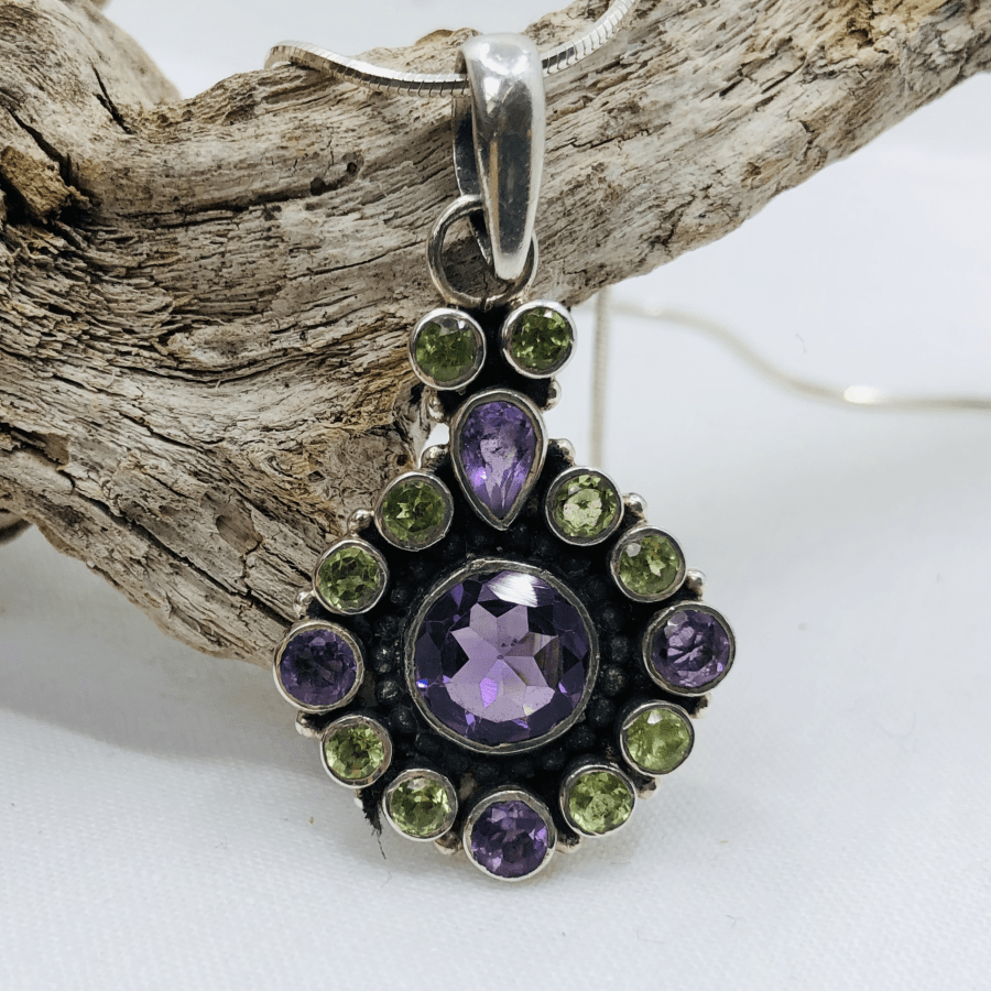 Amethyst and Sterling Silver Peridot Pendant and Silver Chain
