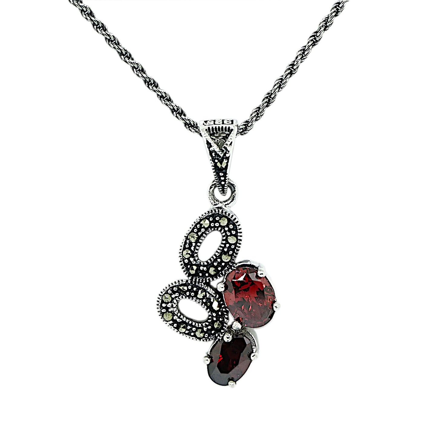 Marcasite and Garnet Sterling Silver Pendant and Chain