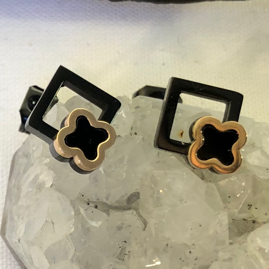 Stainless Steel Rose Gold and Black Coloured Flower Studs